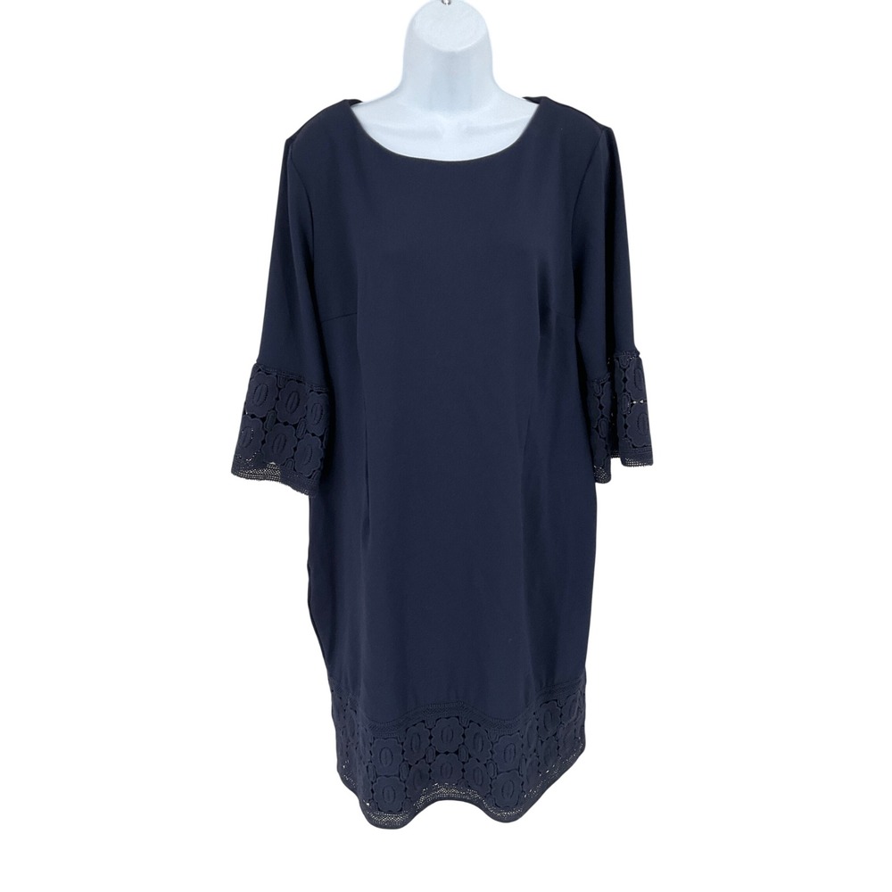 Talbots Dress Womens 14 Navy Lace Trim Bell Sleeve Shift Classic Minimalist